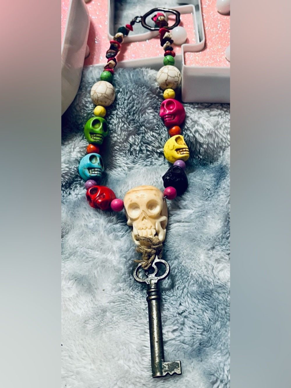Multicolor Skull Bead Necklace with Key Pendant - Picture 2 of 5